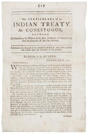 Appraisal: BRADFORD Andrew printer The Particulars of an Indian Treaty at