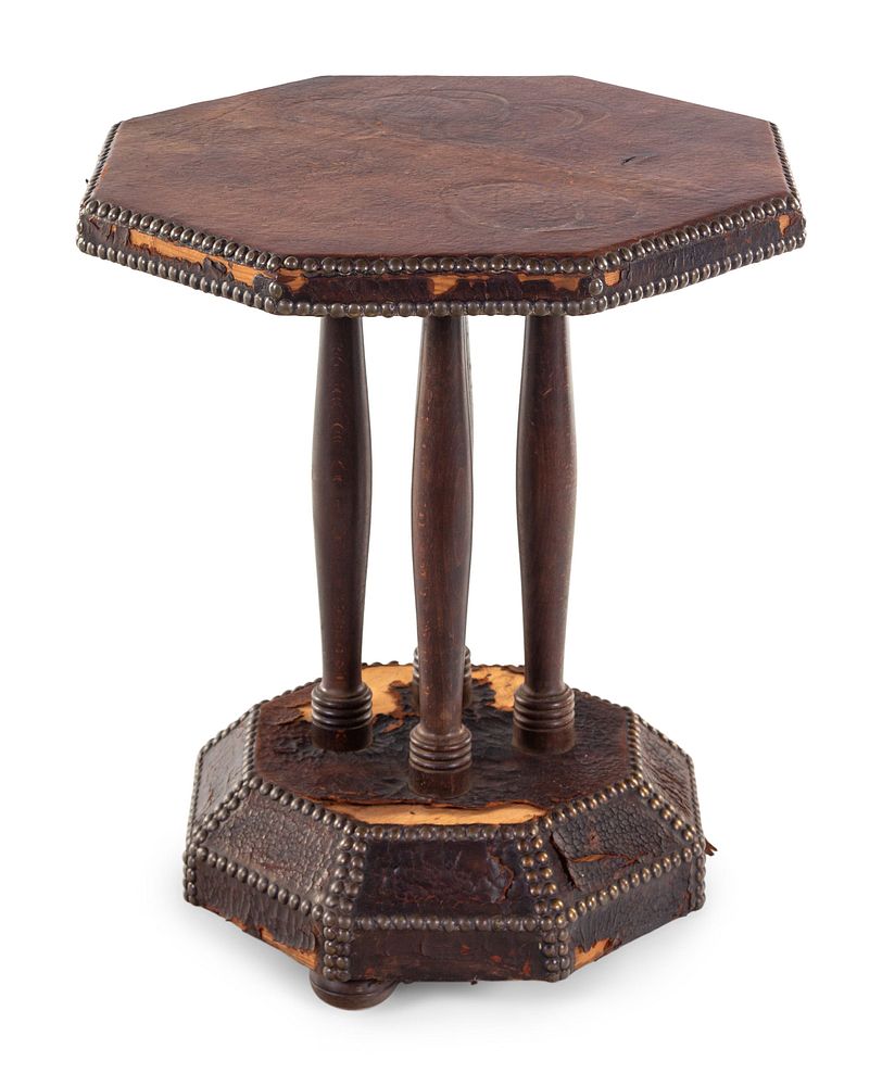 Appraisal: A Continental Leather and Nailhead Decorated Oak Side Table A