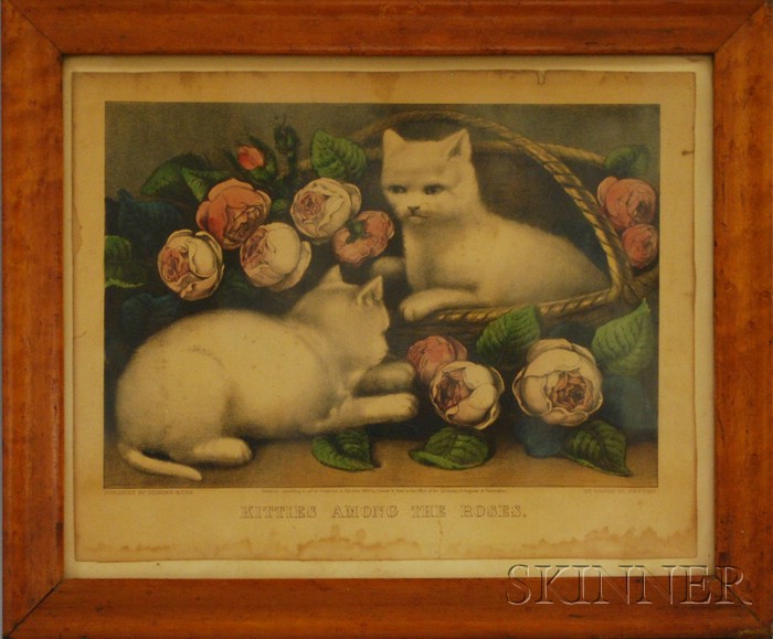 Appraisal: Bird's-eye Maple Framed Currier Ives Hand-colored Lithograph Kitties Among the