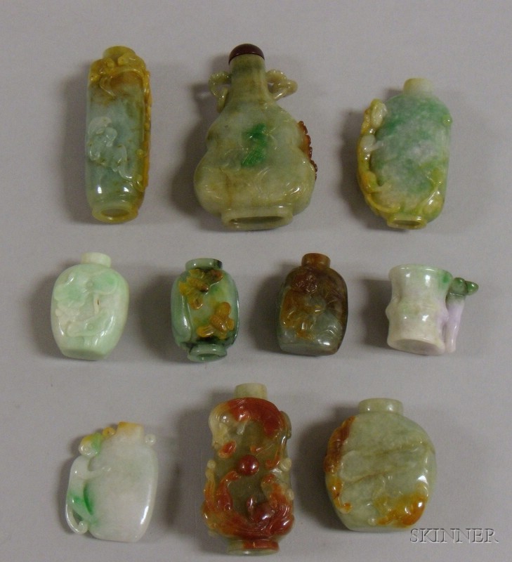 Appraisal: Ten Carved Jade Snuff Bottles in various forms including green