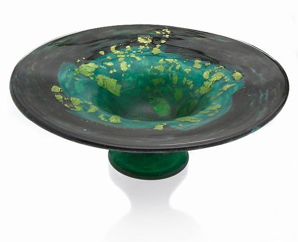 Appraisal: A Daum Nancy mottled green glass compote with gold inclusions