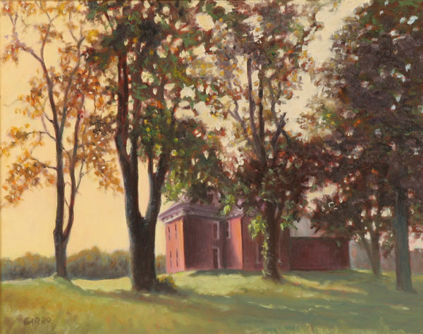 Appraisal: Jean Garro American b Memory autumn landscape with brick home