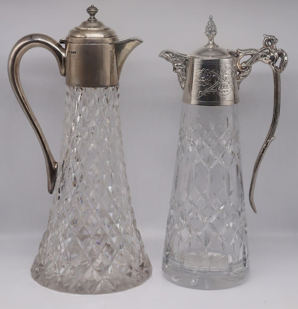 Appraisal: SILVER English Silver Mounted Claret Jugs Includes an English silver