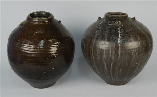 Appraisal: TWO CHINESE BROWN GLAZED RUSTIC VESSELS with lugs height inches