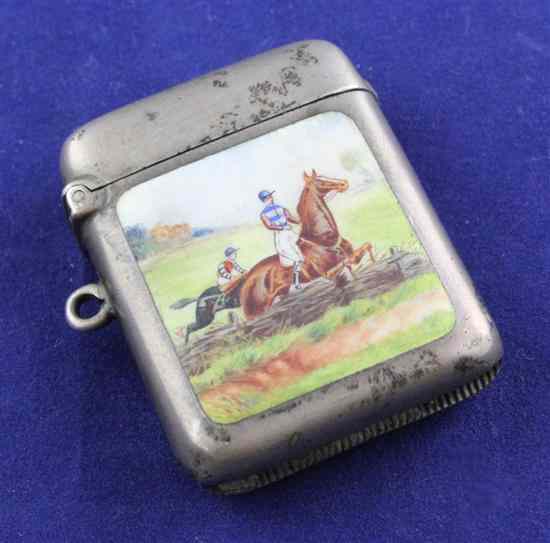 Appraisal: An Edwardian silver and enamelled vesta case decorated with horse