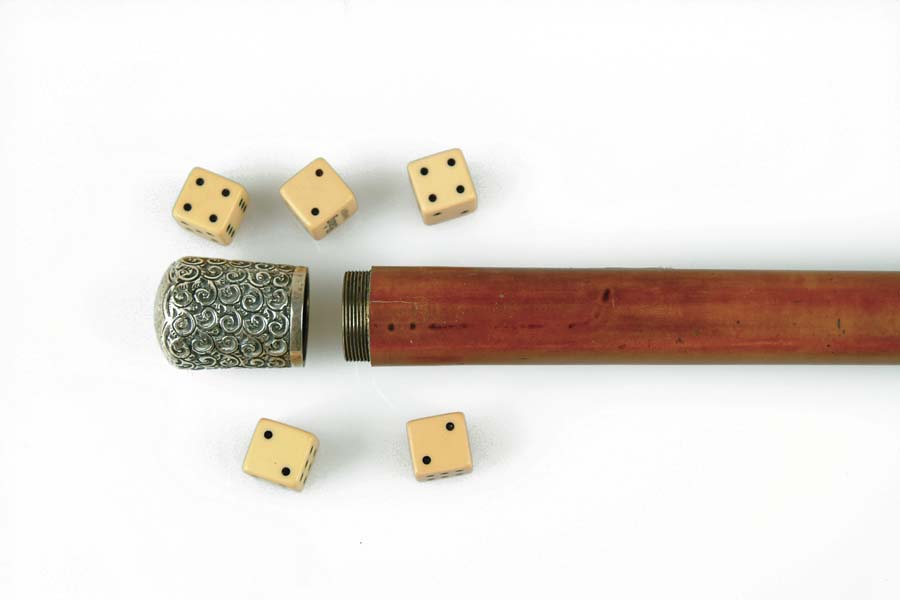 Appraisal: DICE CANE th C gadget cane Repousse silver top unscrews