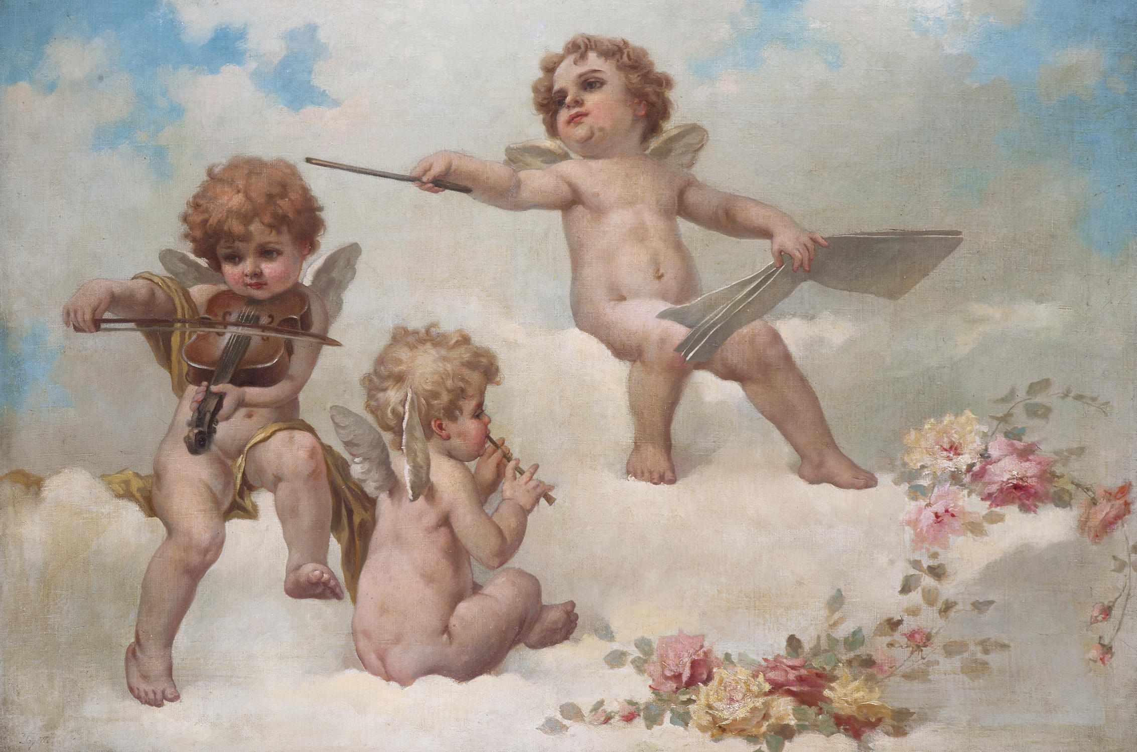 Appraisal: American School th Century Cherubs playing music on a bank