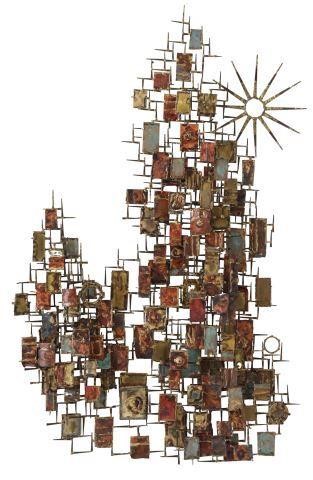 Appraisal: Mid-century modern mixed metal wall sculpture Skyscrapers with Sun signed