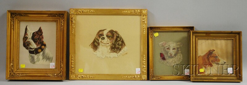 Appraisal: Four Framed Embroidered Portraits of Dogs th early th century