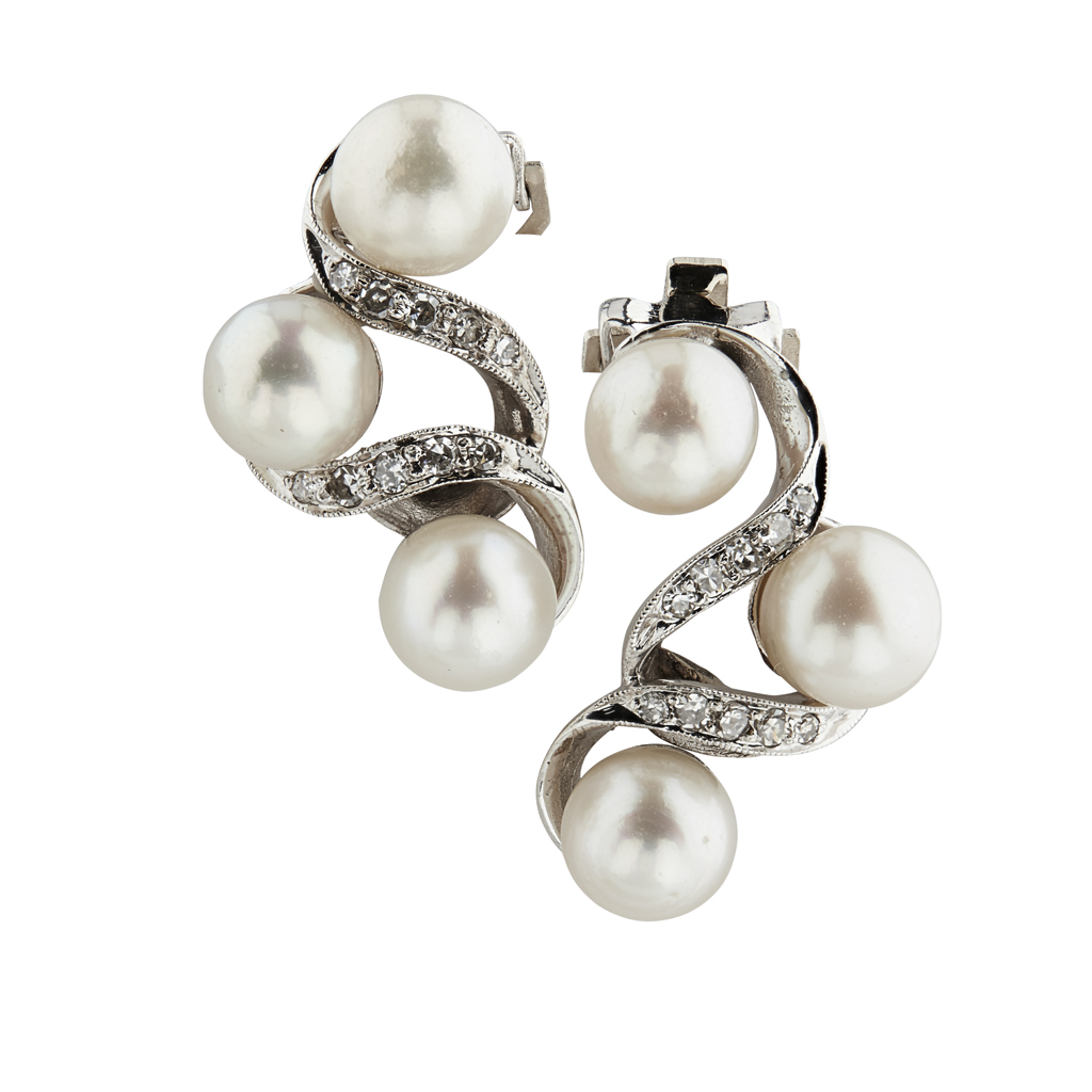 Appraisal: A pair of pearl and diamond set earringseach of scrolling