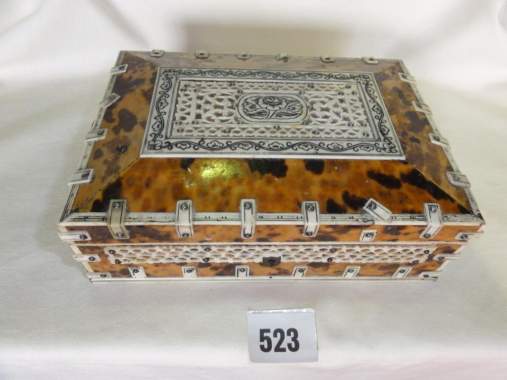 Appraisal: An Indian tortoiseshell and ivory red velvet lined trinket box