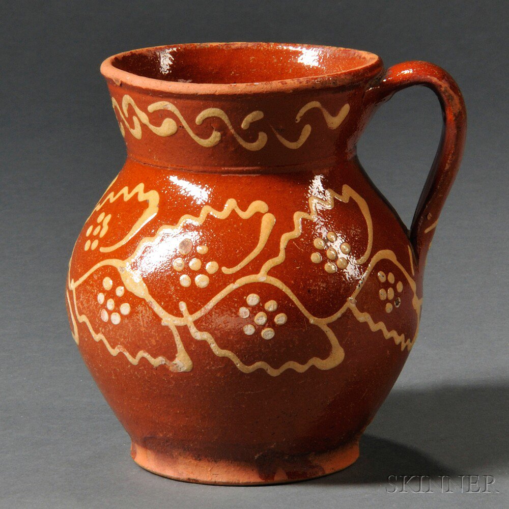 Appraisal: Slip-decorated Redware Pitcher reportedly found in Elizabethtown Pennsylvania th century