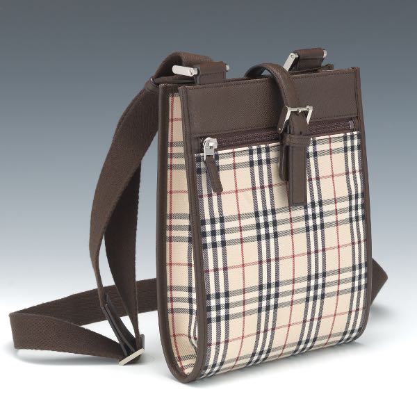 Appraisal: BURBERRY HOUSE CHECK CANVAS CROSSBODY BAG x x Brown Saffiano