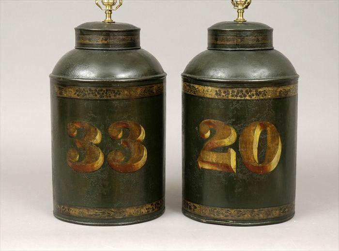 Appraisal: Two Painted Tole Tea Cannisters Mounted as Lamps One marked