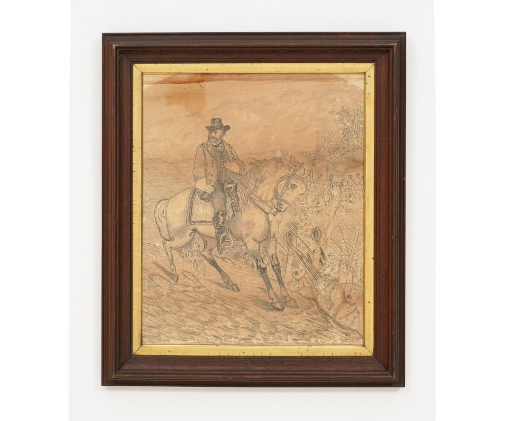 Appraisal: Pencil portrait of Ulysses S Grant on horseback in battle