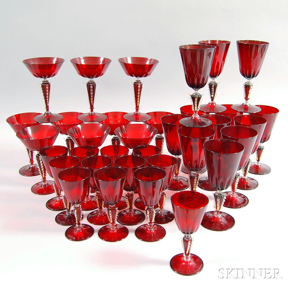 Appraisal: Set of Thirty-four Pieces of Venetian Ruby Blown Glass Stemware