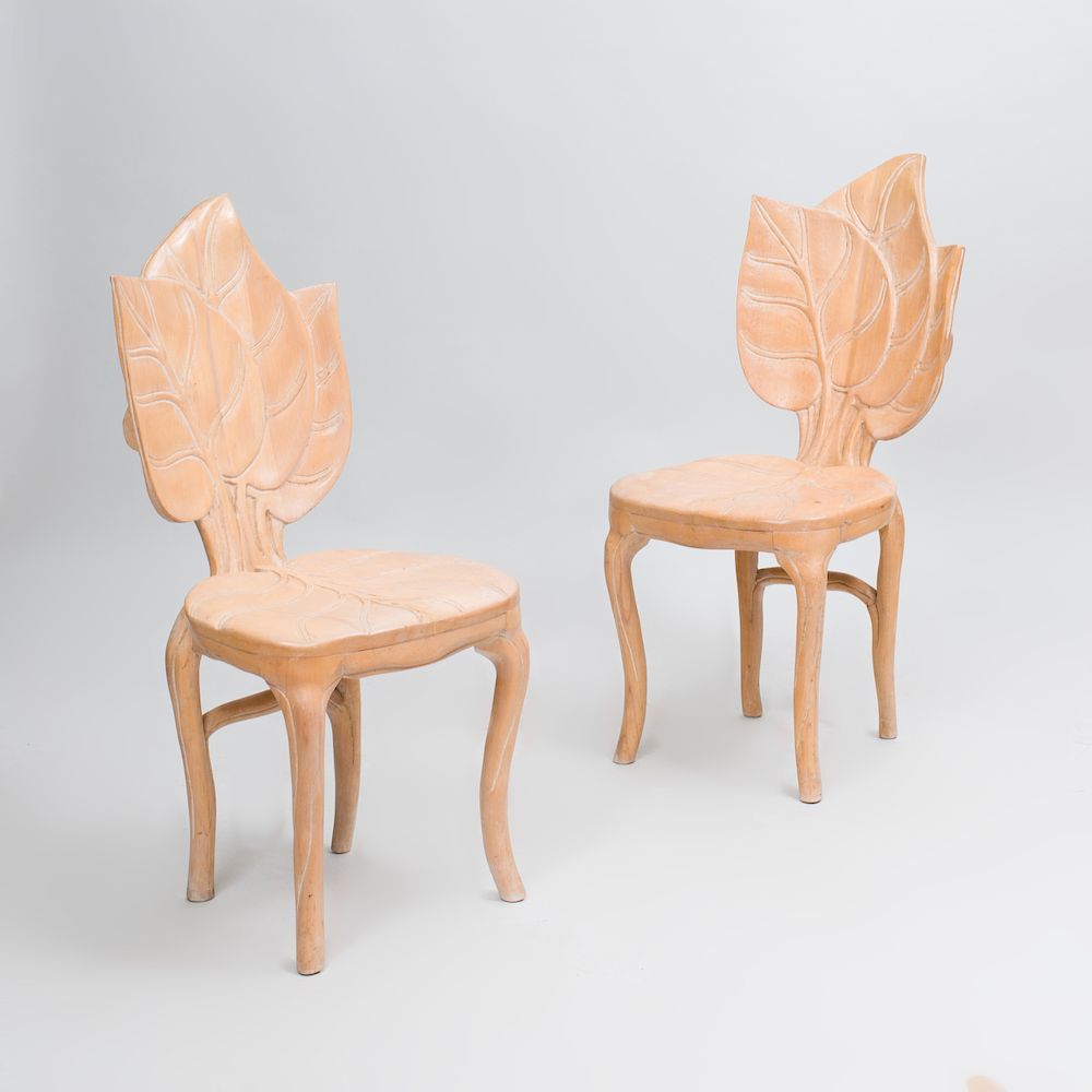 Appraisal: Pair of Pickled Wood Leaf Form Side Chairs x x