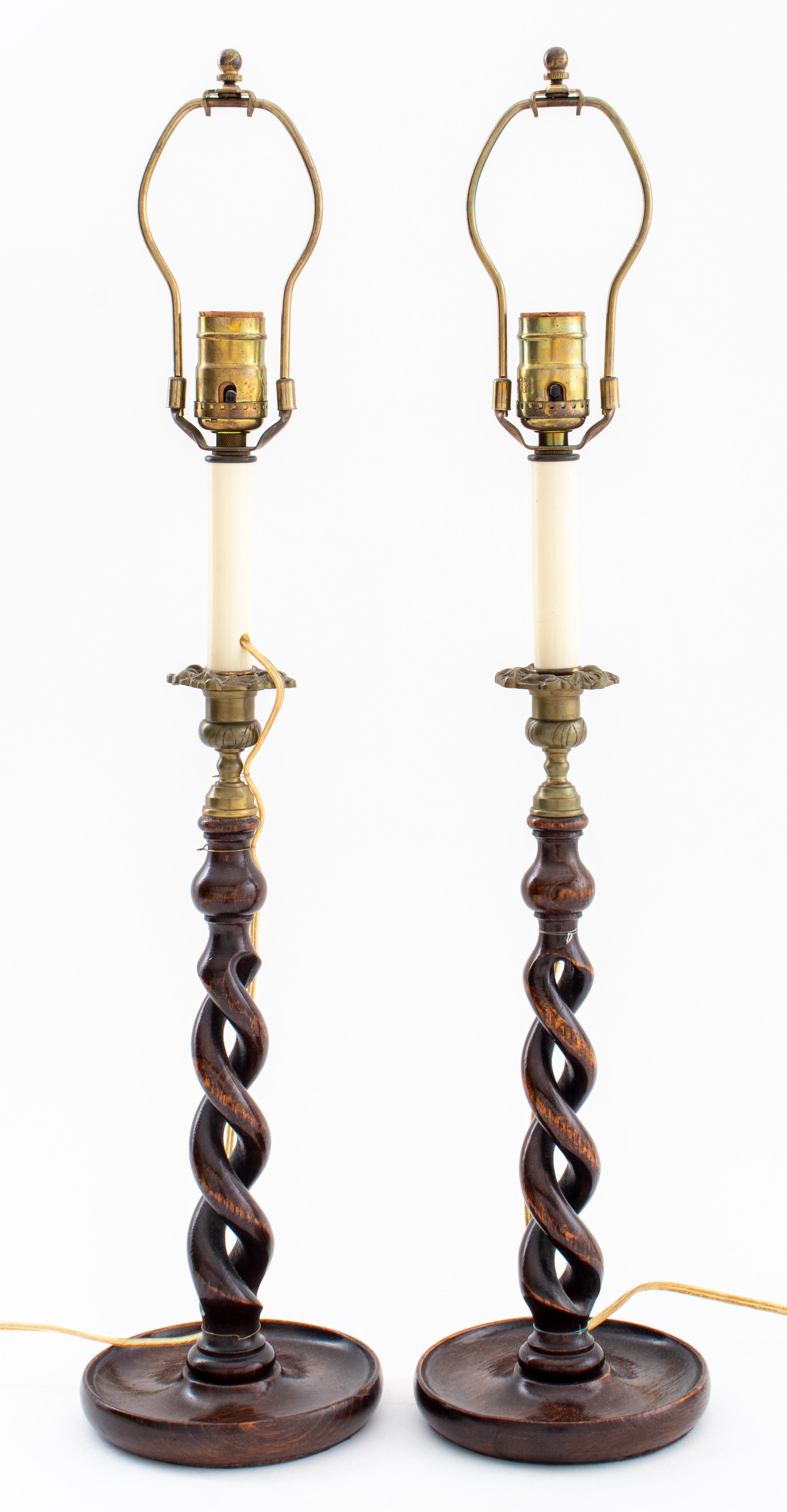 Appraisal: BARLEY TWIST CANDLESTICK LAMPS PR Barley twist brass-mounted candlestick table