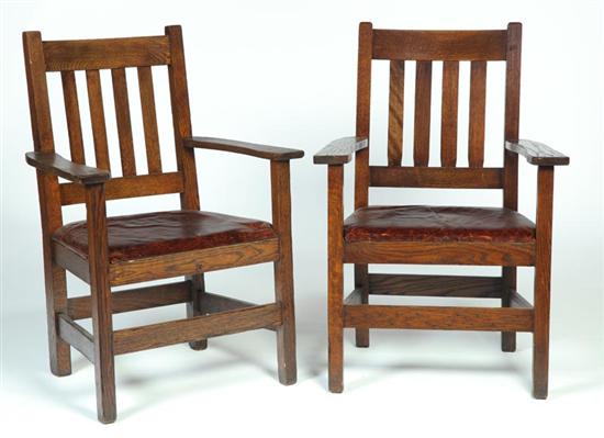 Appraisal: PAIR OF OAK ARTS CRAFTS ARMCHAIRS American early th century