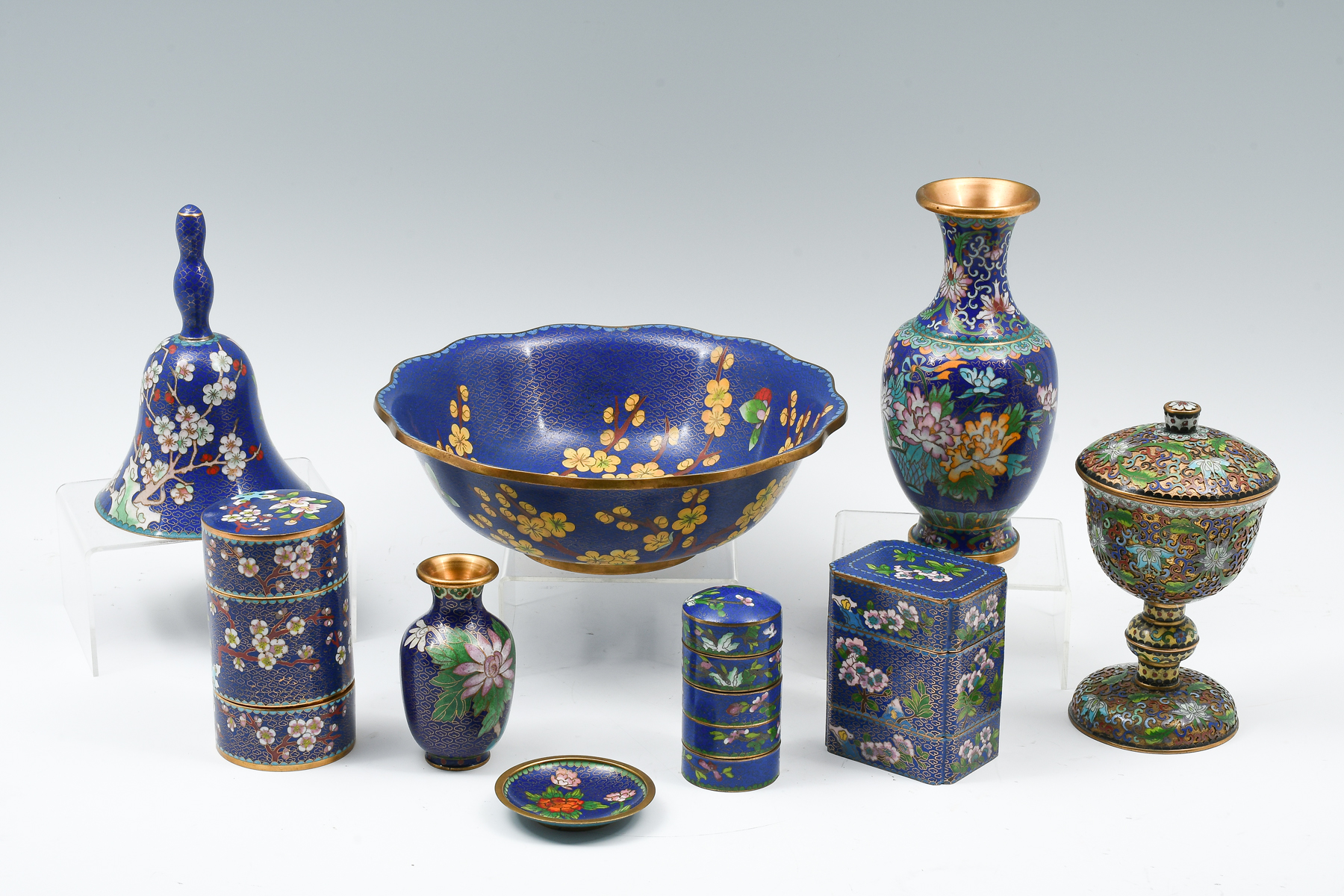 Appraisal: PC CHINESE BLUE GROUND CLOISONNE COLLECTION Comprising - Stacked boxes