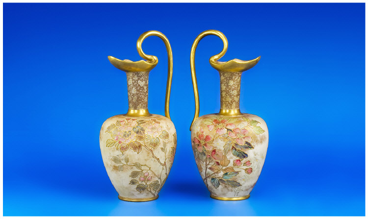 Appraisal: Late th Century Pair Of Doulton Ewers Handpainted with a