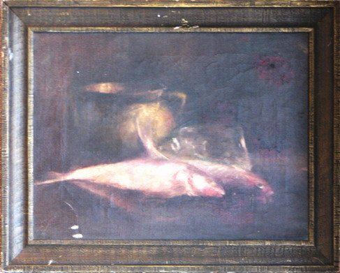 Appraisal: Artist Possibly Jewett Title Fish and Brass Still Life Medium