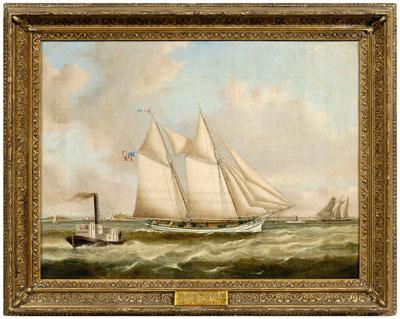 Appraisal: American School maritime painting yacht and tugboat probably in Salem