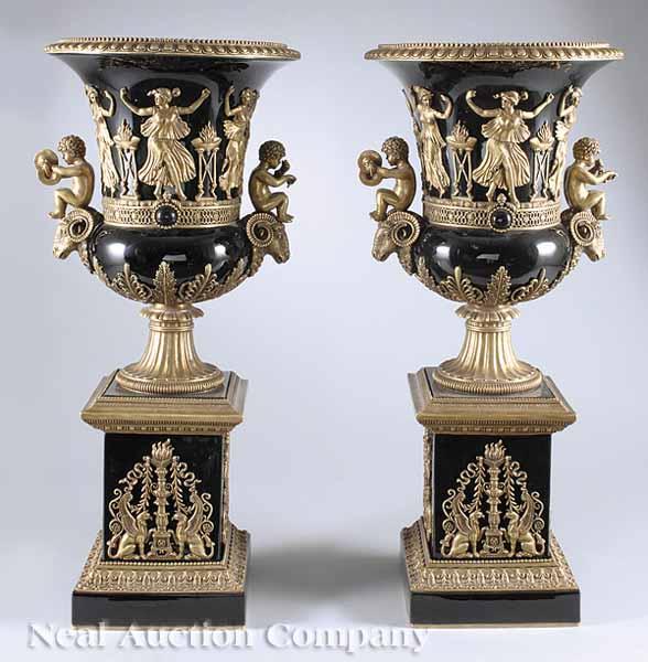 Appraisal: A Pair of Empire-Style Gilt-Bronze-Mounted Porcelain Urns mid- th c