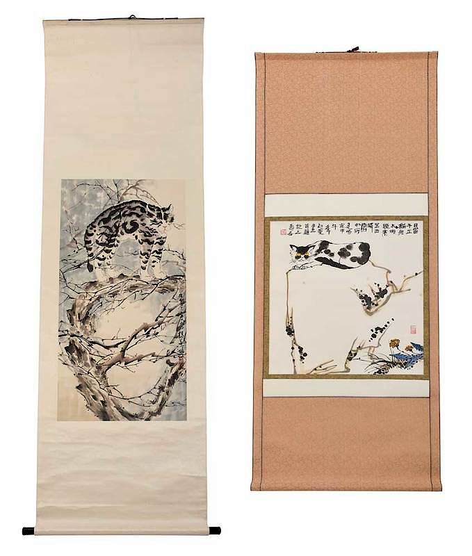 Appraisal: Two Chinese Scroll Paintings Of Cats ink and color on