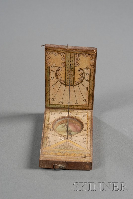 Appraisal: Wooden and Paper Dyptich Pocket Sundial Germany with latitudes of