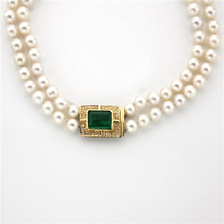 Appraisal: Double Strand Cultured Pearl Necklace with Tourmaline and Diamond Clasp