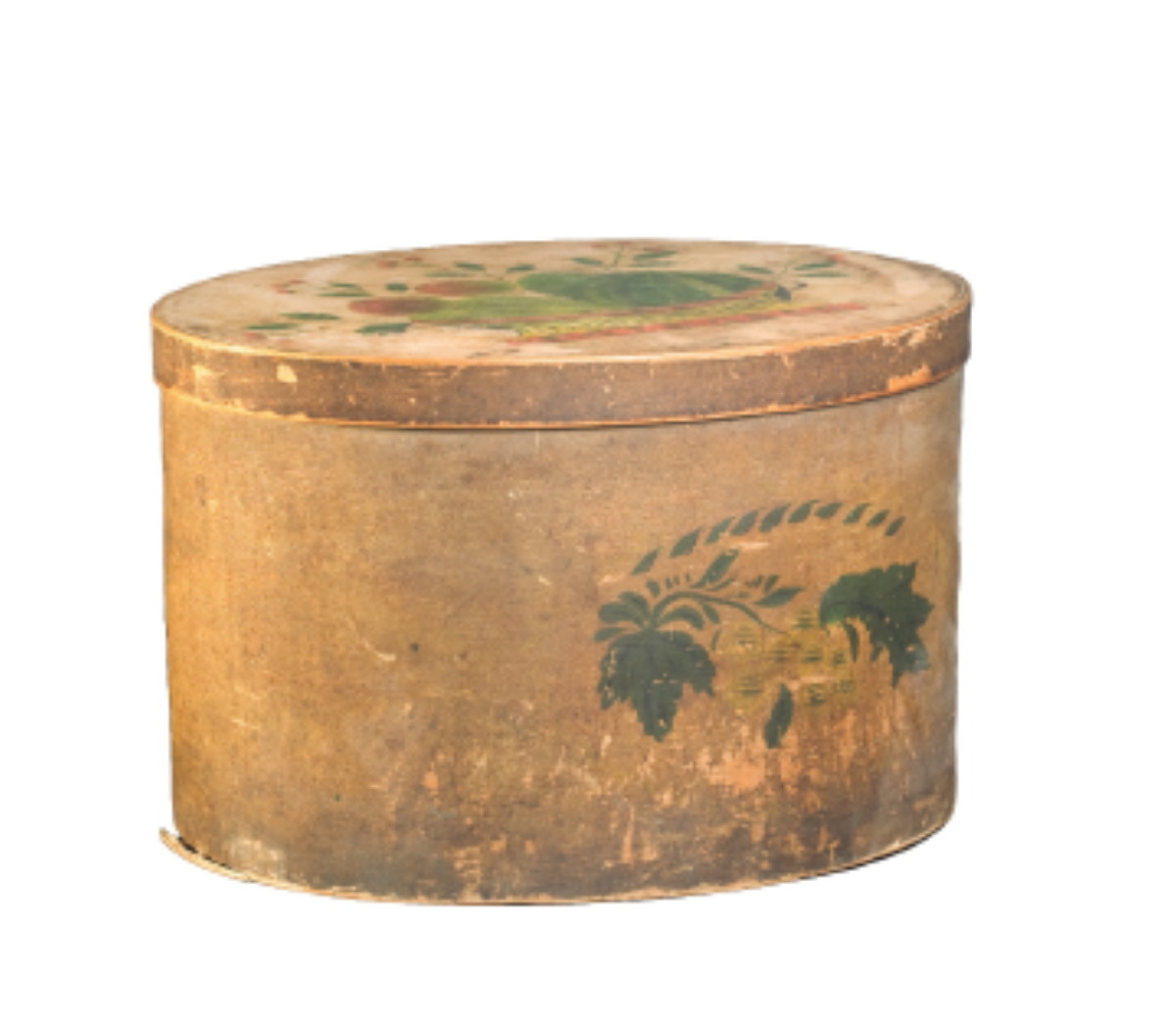 Appraisal: NEW ENGLAND THEOREM-PAINTED BANDBOX CIRCA The oval lid with a