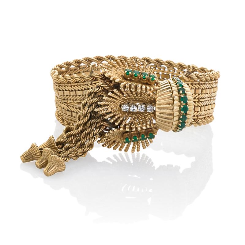 Appraisal: K GOLD BELT BRACELET Complex ribbon joined by fringed clasp