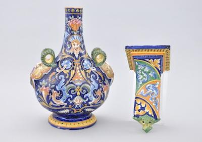 Appraisal: An Italian Majolica Vase and Wall Bracket The bulbous shape