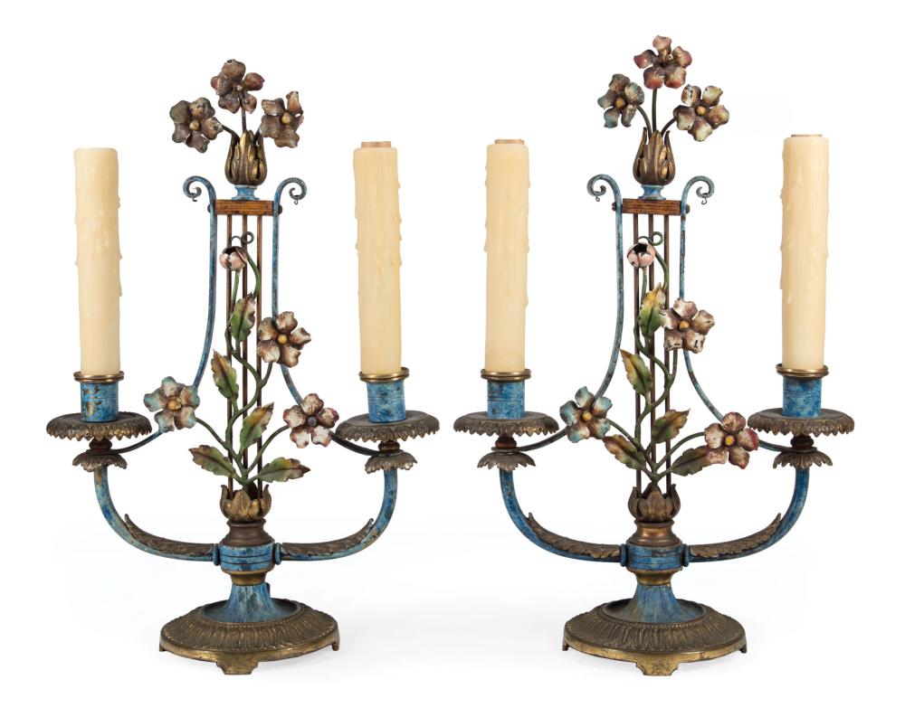 Appraisal: Pair of French Tole Peinte Two-Light Candelabra th c lyre-form