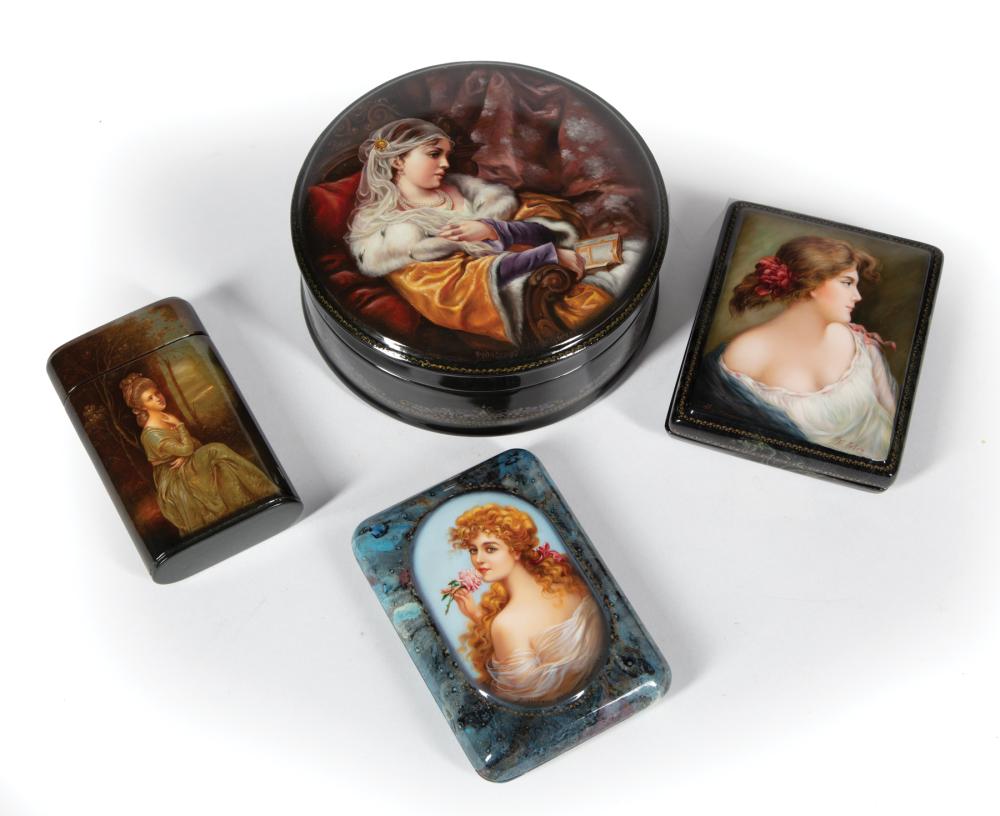 Appraisal: Four Russian Lacquered Portrait Boxes th c largest h in