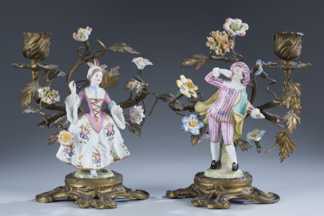 Appraisal: Pair of Parisian Bronze and Porcelain Candleholder Figures of a