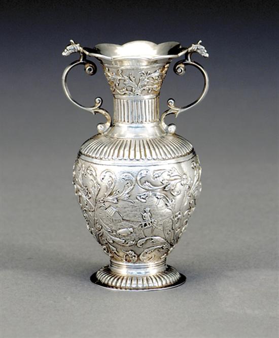 Appraisal: Continental silver vase th th centuryhandled urn form chased with