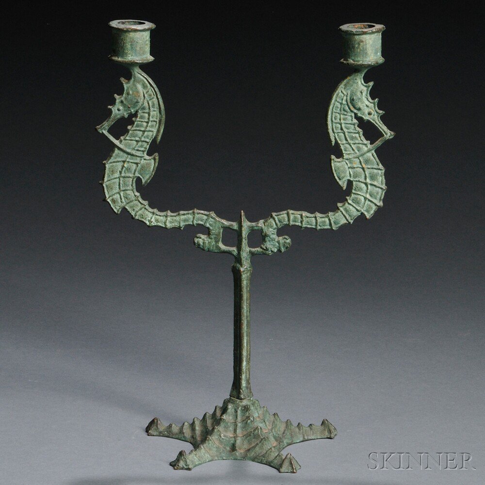 Appraisal: Two-light Sea Horse Candlestick Probably E T Hurley Bronze Cincinnati