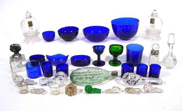 Appraisal: Collection of blue glass liners clear cut glass inkwells cut