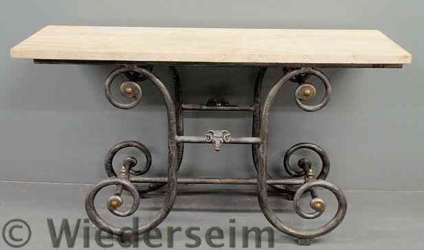 Appraisal: French neoclassical marble top table the metal base decorated with