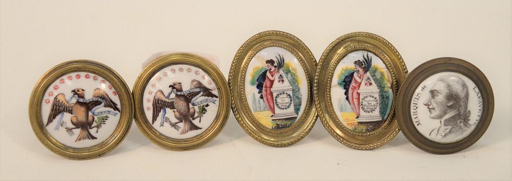 Appraisal: Five Battersea Mirror Knobs pair of enameled memorials minor cracks