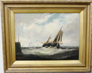 Appraisal: Seascape with skiff heading in oil on canvas signed indistinctly