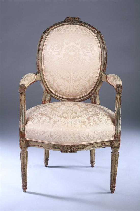 Appraisal: LOUIS XVI PAINTED FRUITWOOD FAUTEUIL Late th century with cream