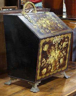 Appraisal: Victorian polychrome decorated coal scuttle the hinged case having painted