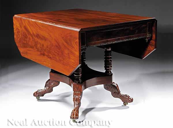 Appraisal: An American Classical Carved Mahogany and Brass Inlaid Drop-Leaf Table