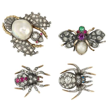 Appraisal: Four Antique Diamond Pearl Ruby and Emerald Bug Pins Estimate