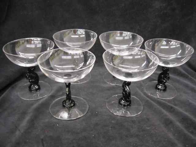 Appraisal: Libbey Silhouette Pattern Squirrelcrystal champagne glasses black figural stems ''