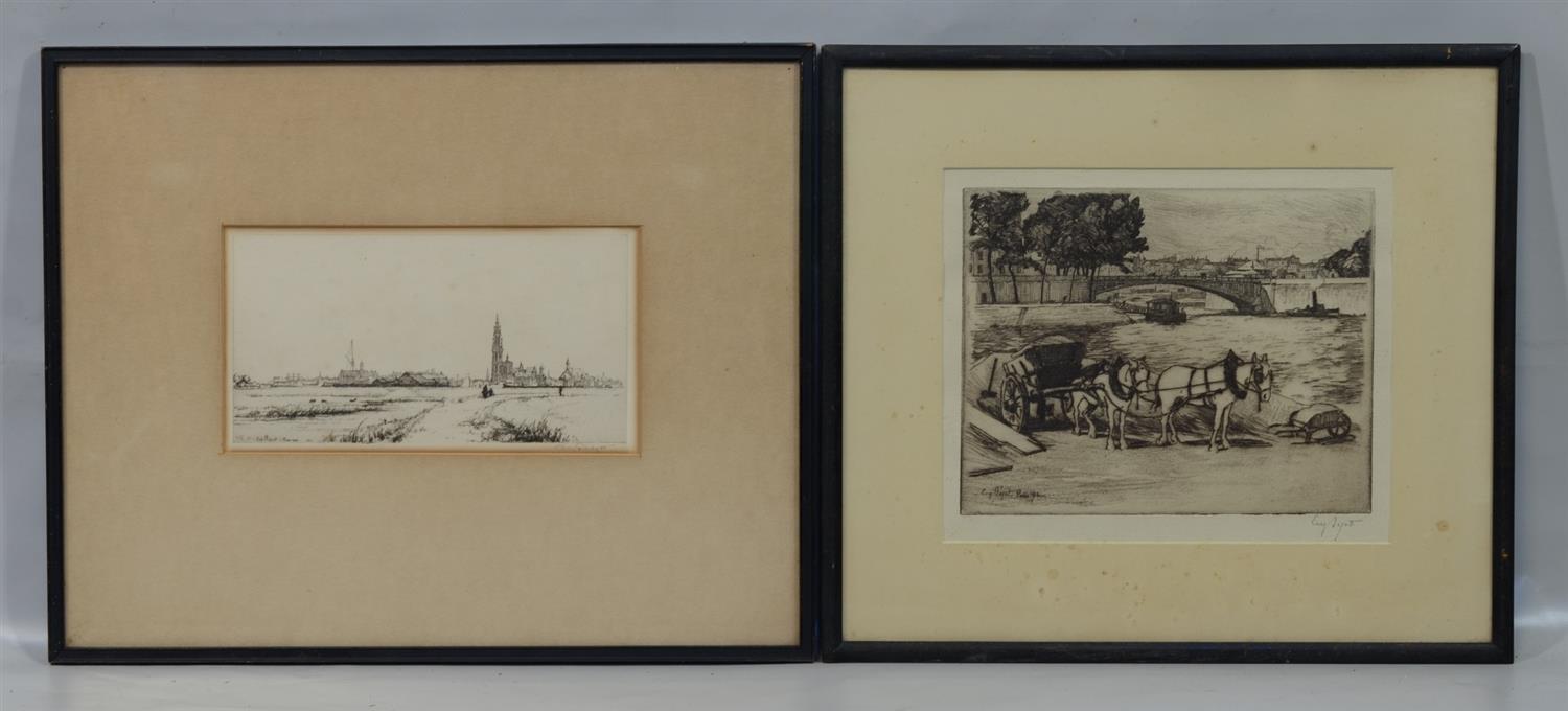 Appraisal: Eugene Bejot French etching Horses and Carriages Along River pencil