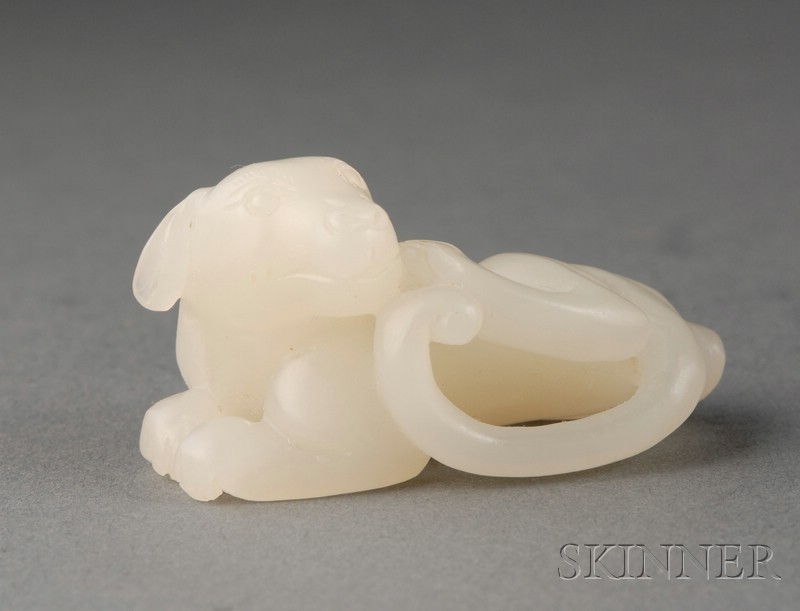 Appraisal: Jade Carving greenish-white stone study of a reclining dog lg